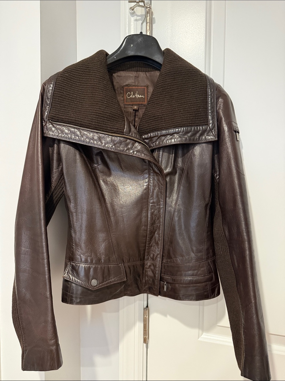 Cole Haan Dark Brown Leather Jacket with Ribbed Collar